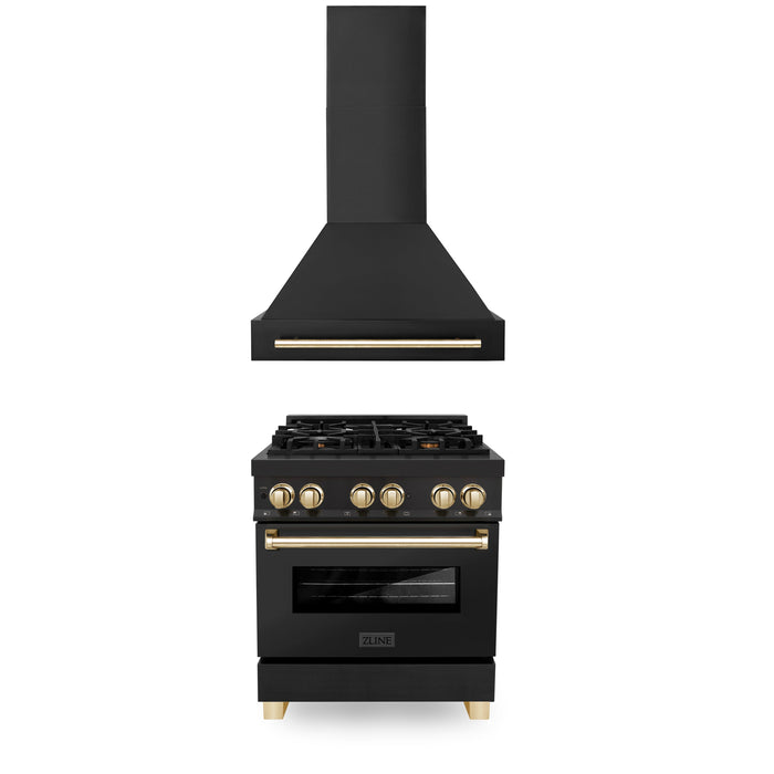 ZLINE Autograph Edition 30 in. Kitchen Package with Black Stainless Steel Dual Fuel Range and Range Hood with Polished Gold Accents (2AKP-RABRH30-G)