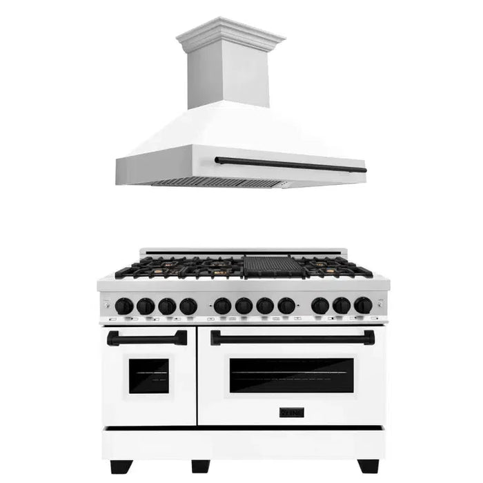 ZLINE Autograph Edition 48 in. Kitchen Package with Stainless Steel Dual Fuel Range with White Matte Door and Range Hood with Matte Black Accents (2AKP-RAWMRH48-MB)