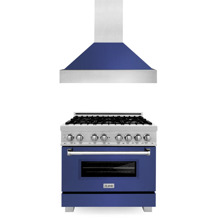 ZLINE 36 in. Kitchen Package with DuraSnow® Stainless Steel Dual Fuel Range with Blue Matte Door and Convertible Vent Range Hood (2KP-RASBMRH36)