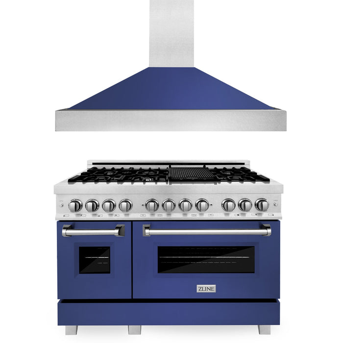 ZLINE 48 in. Kitchen Package with DuraSnow® Stainless Steel Dual Fuel Range with Blue Matte Doors and Convertible Vent Range Hood (2KP-RASBMRH48)