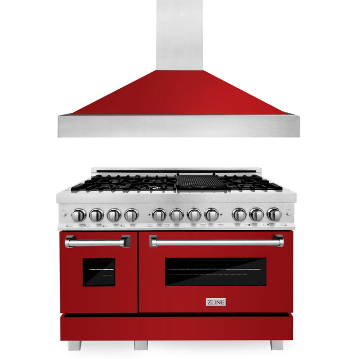 ZLINE 48 in. Kitchen Package with DuraSnow® Stainless Steel Dual Fuel Range with Red Gloss Doors and Convertible Vent Range Hood (2KP-RASRGRH48)