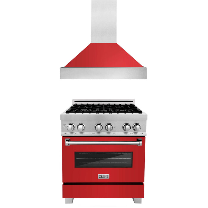 ZLINE 30 in. Kitchen Package with DuraSnow® Stainless Steel Dual Fuel Range with Red Matte Door and Convertible Vent Range Hood (2KP-RASRMRH30)