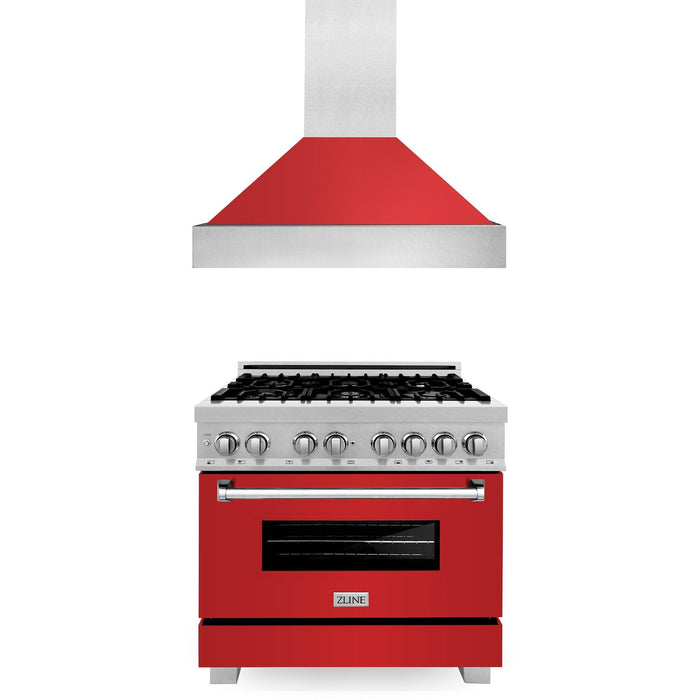 ZLINE 36 in. Kitchen Package with DuraSnow® Stainless Steel Dual Fuel Range with Red Matte Door and Convertible Vent Range Hood (2KP-RASRMRH36)