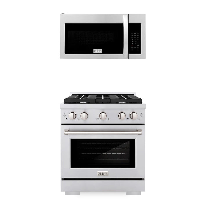 ZLINE 30 in. Kitchen Package Stainless Steel Gas Range and Over The Range Microwave with Modern Handle (2KP-SGROTR30)