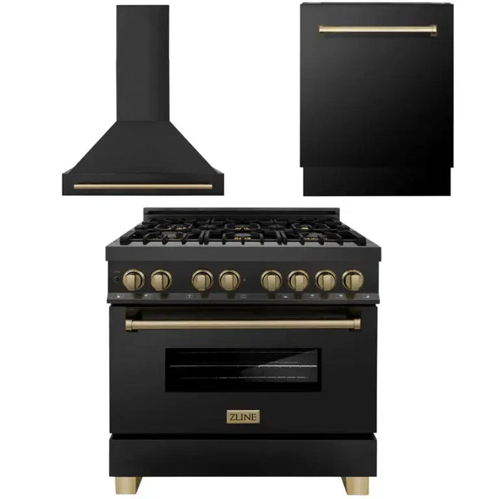 ZLINE Autograph Edition 36 in. Kitchen Package with Black Stainless Steel Dual Fuel Range, Range Hood and Dishwasher with Champagne Bronze Accents (3AKP-RABRHDWV36-CB)