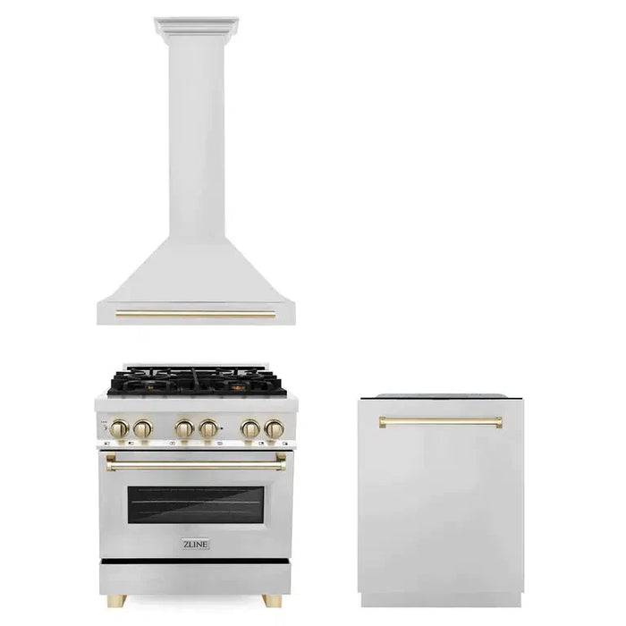 ZLINE Autograph Edition Kitchen Package in Stainless Steel with 30 in. Dual Fuel Range, 30 in. Range Hood, and 24 in. Dishwasher with Polished Gold Accents (3AKP-RARHDWM30-G)