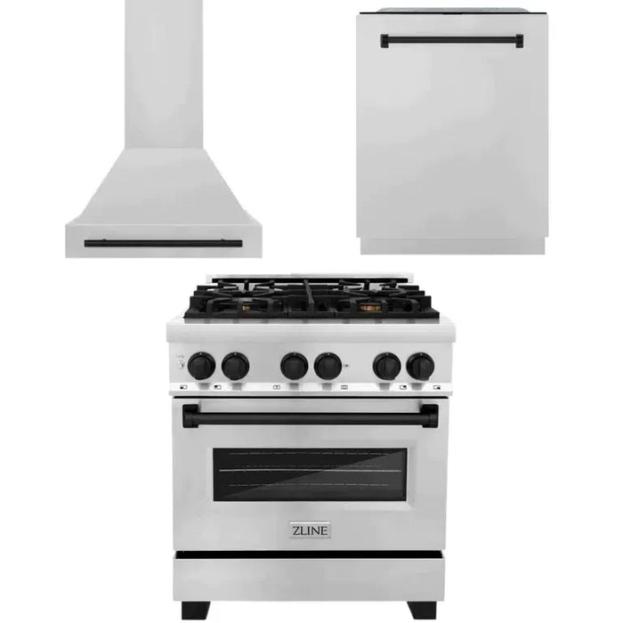 ZLINE Autograph Edition Kitchen Package with Stainless Steel 30 in. Dual Fuel Range, 30 in. Range Hood, and 24 in. Dishwasher with Matte Black Accents (3AKP-RARHDWM30-MB)