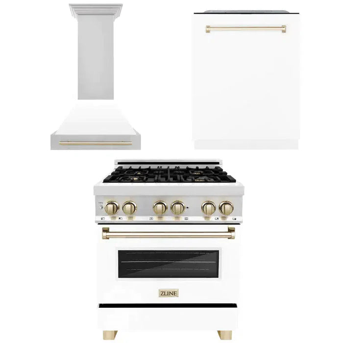 ZLINE Autograph Edition 30 in. Kitchen Package with Stainless Steel Dual Fuel Range with White Matte Door, Range Hood and Dishwasher with Polished Gold Accents (3AKP-RAWMRHDWM30-G)