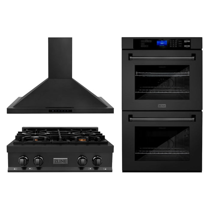 ZLINE Kitchen Package with 30 in. Black Stainless Steel Rangetop, 30 in. Convertible Range Hood and Double Wall Oven (3KP-RTBRH30-AWD)