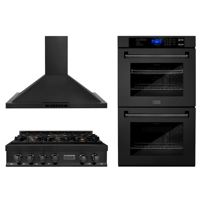 ZLINE Kitchen Package with 36 in. Black Stainless Steel Rangetop, 36 in. Convertible Range Hood and Double Wall Oven (3KP-RTBRH36-AWD)