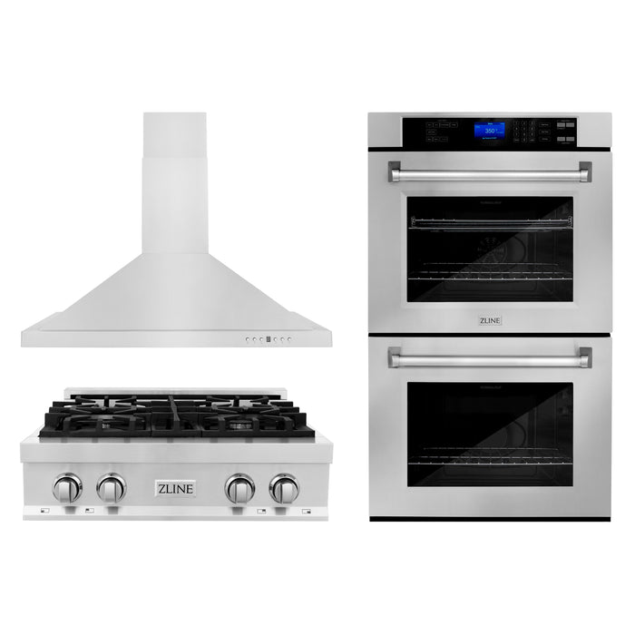 ZLINE Kitchen Package with 30 in. Stainless Steel Rangetop, 30 in. Convertible Range Hood and Double Wall Oven (3KP-RTRH30-AWD)