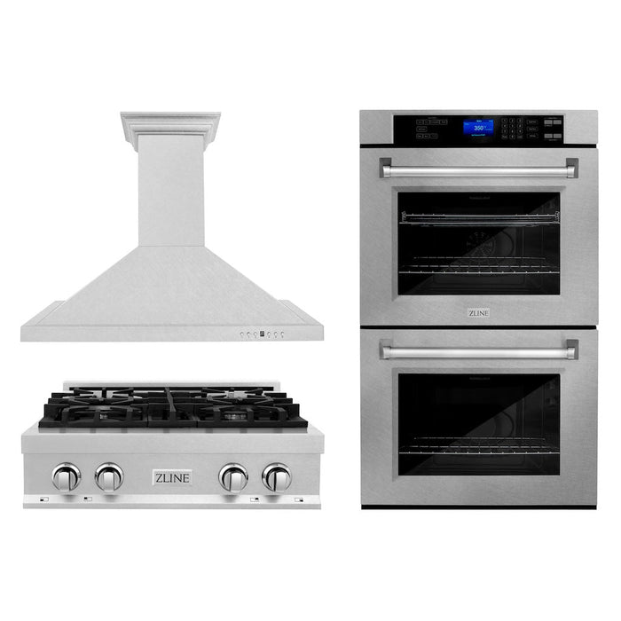 ZLINE Kitchen Package with 30 in. DuraSnow® Stainless Steel Rangetop, 30 in. Convertible Range Hood and Double Wall Oven (3KP-RTSRH30-AWD)