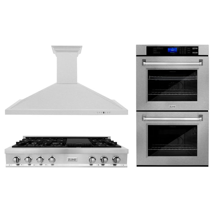 ZLINE Kitchen Package with 48 in. DuraSnow® Stainless Steel Rangetop, 48 in. Convertible Range Hood and Double Wall Oven (3KP-RTSRH48-AWD)