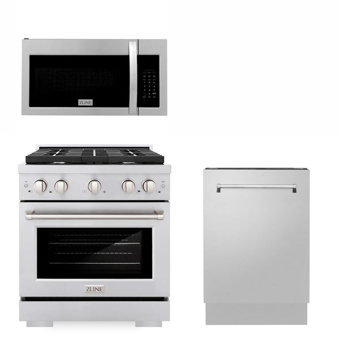 ZLINE 30 in. Kitchen Package with Stainless Steel Gas Range, Modern Over The Range Microwave and Tall Tub Dishwasher (3KP-SGROTR30-DWV)