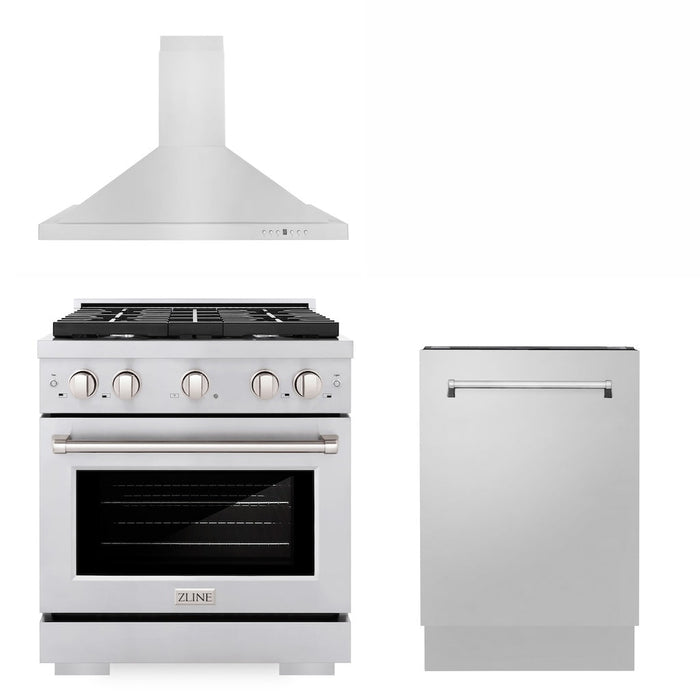 ZLINE 30 in. Kitchen Package with Stainless Steel Gas Range, Convertible Vent Range Hood and Tall Tub Dishwasher (3KP-SGRRH30-DWV)