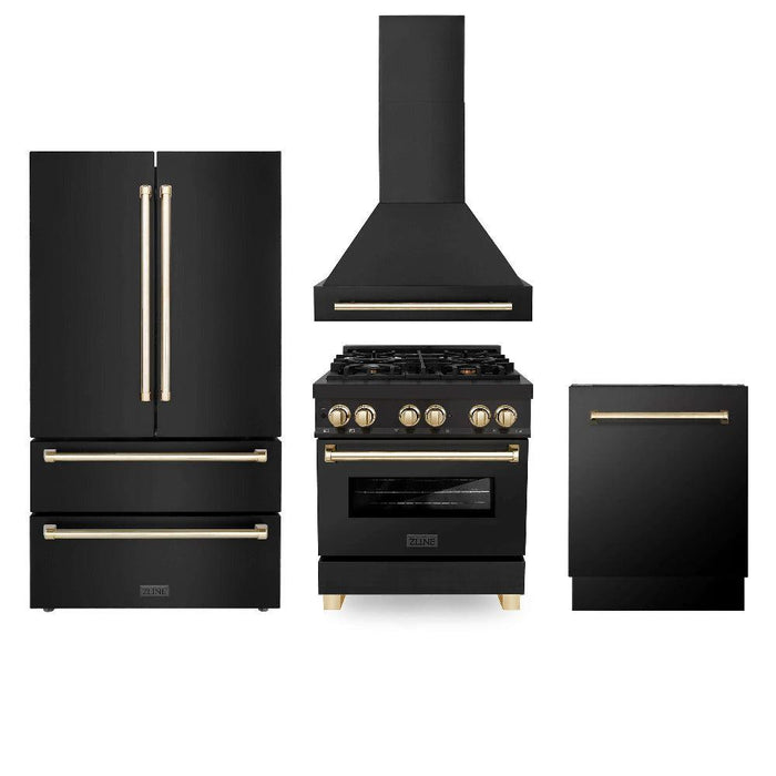 ZLINE Autograph Edition 30 in. Kitchen Package with Black Stainless Steel Dual Fuel Range, Range Hood, Dishwasher, and Refrigerator with External Water Dispenser with Polished Gold Accents (4AKPR-RABRHDWV30-G)