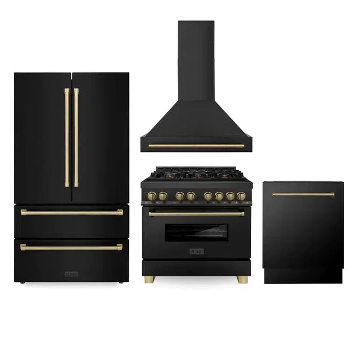 ZLINE Autograph Edition 36 in. Kitchen Package with Black Stainless Steel Dual Fuel Range, Range Hood, Dishwasher and Refrigeration Including Internal Water Dispenser with Champagne Bronze Accents (4AKPR-RABRHDWV36-CB)