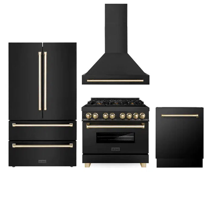 ZLINE Autograph Edition 36 in. Kitchen Package with Black Stainless Steel Dual Fuel Range, Range Hood, Dishwasher and Refrigeration with Polished Gold Accents (4AKPR-RABRHDWV36-G)