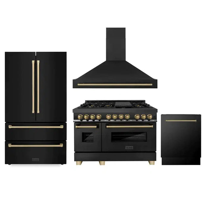 ZLINE Autograph Edition 48 in. Kitchen Package with Black Stainless Steel Dual Fuel Range, Range Hood, Dishwasher and Refrigeration with Champagne Bronze Accents (4AKPR-RABRHDWV48-CB)