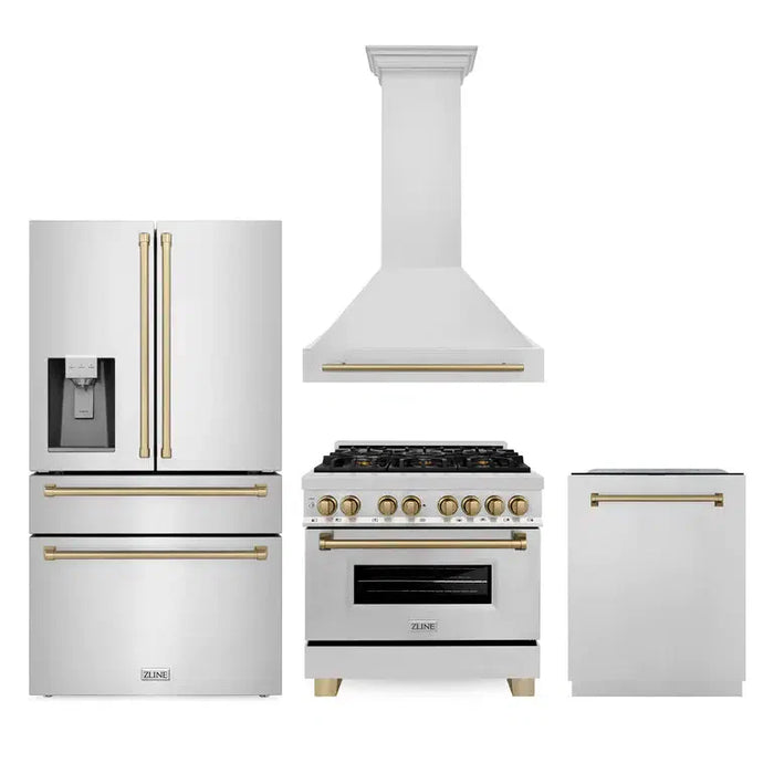 ZLINE Autograph Edition 36 in. Kitchen Package with Stainless Steel Dual Fuel Range, Range Hood, Dishwasher and Refrigeration Including External Water Dispenser with Champagne Bronze Accents (4AKPR-RARHDWM36-CB)