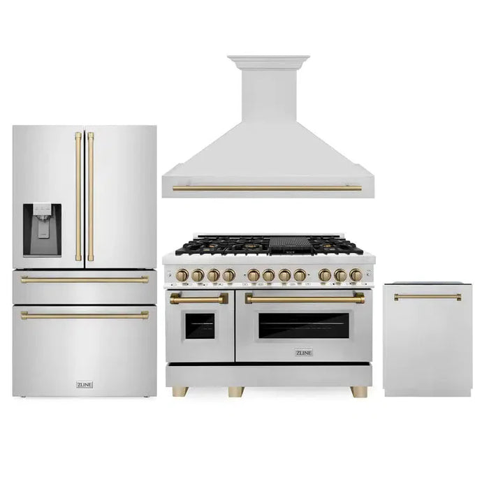 ZLINE Autograph Edition 48 in. Kitchen Package with Stainless Steel Dual Fuel Range, Range Hood, Dishwasher and Refrigeration Including External Water Dispenser with Champagne Bronze Accents (4AKPR-RARHDWM48-CB)