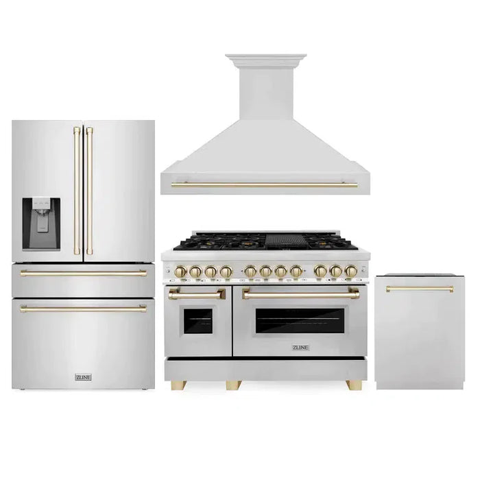 ZLINE Autograph Edition 48 in. Kitchen Package with Stainless Steel Dual Fuel Range, Range Hood, Dishwasher and Refrigeration Including External Water Dispenser with Polished Gold Accents (4AKPR-RARHDWM48-G)