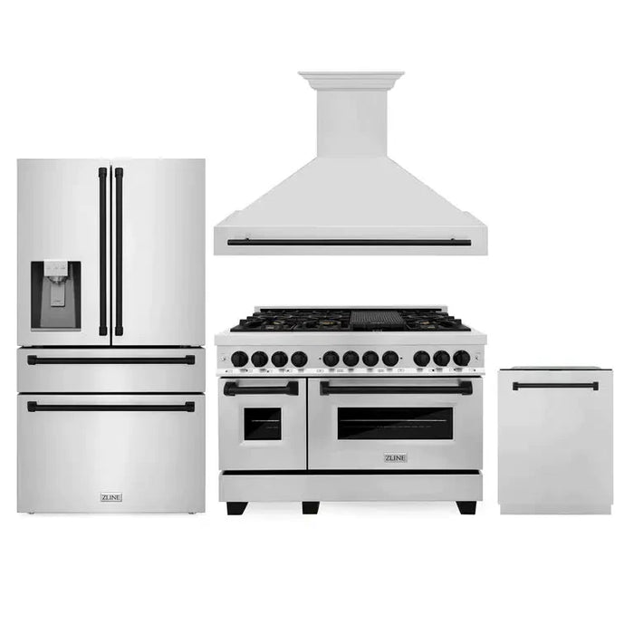 ZLINE Autograph Edition 48 in. Kitchen Package with Stainless Steel Dual Fuel Range, Range Hood, Dishwasher and Refrigeration Including External Water Dispenser with Matte Black Accents (4AKPR-RARHDWM48-MB)