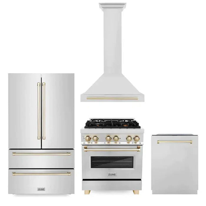 ZLINE Autograph Edition 30 in. Kitchen Package with Stainless Steel Dual Fuel Range, Range Hood, Dishwasher and Refrigeration with Polished Gold Accents (4KAPR-RARHDWM30-G)