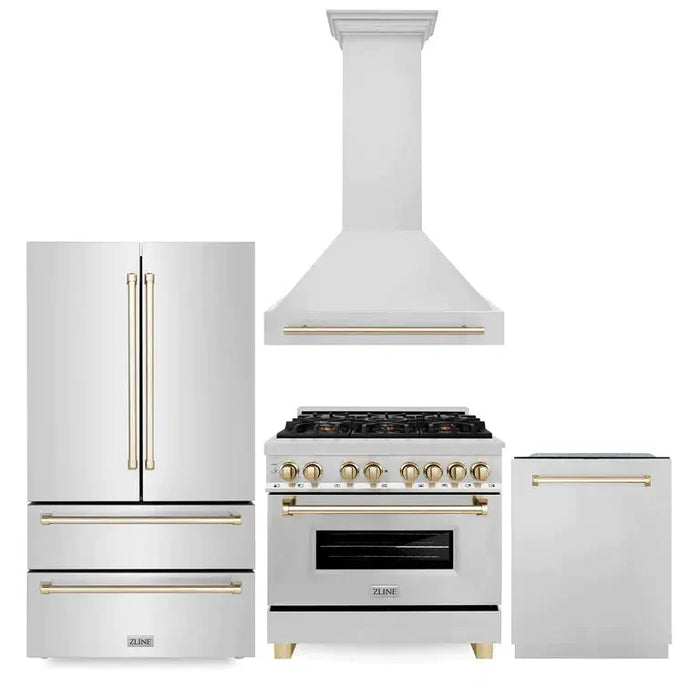 ZLINE Autograph Edition 36 in. Kitchen Package with Stainless Steel Dual Fuel Range, Range Hood, Dishwasher and Refrigeration with Polished Gold Accents (4KAPR-RARHDWM36-G)