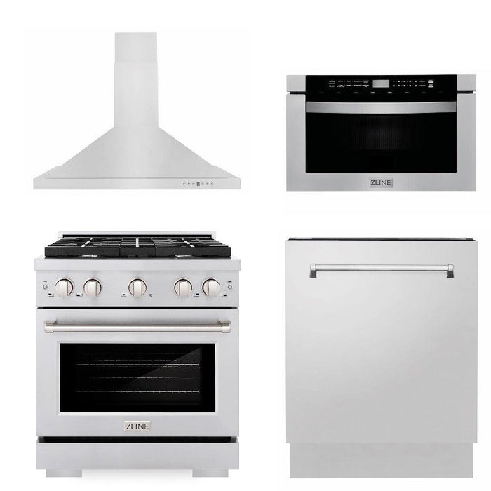 ZLINE 30 in. Kitchen Package with Stainless Steel Gas Range, Range Hood, Microwave Drawer and Tall Tub Dishwasher (4KP-SGRRH30-MWDWV)