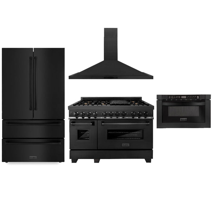 ZLINE Kitchen Package with Black Stainless Steel Refrigeration, 48 in. Dual Fuel Range, Range Hood, and Microwave Drawer (4KPR-RABRH48-MW)