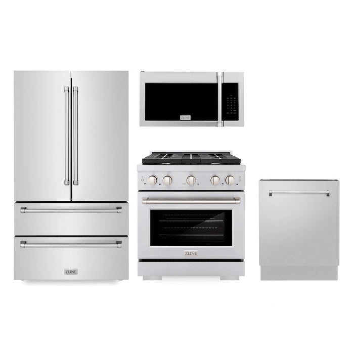 ZLINE Kitchen Package with Refrigeration, 30 in. Stainless Steel Gas Range, 30 in. Traditional Over The Range Microwave and 24 in. Tall Tub Dishwasher (4KPR-SGROTRH30-DWV)