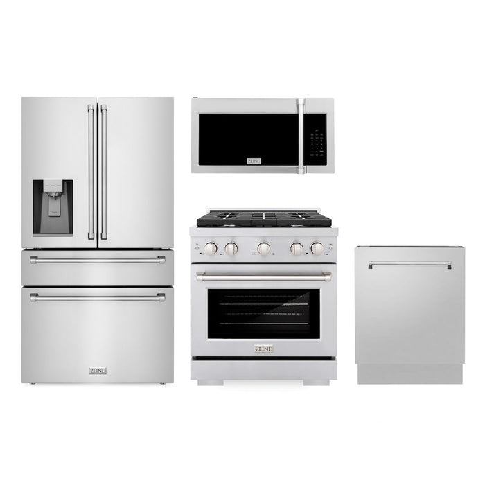 ZLINE Kitchen Package with Water and Ice Dispenser Refrigerator, 30 in. Gas Range, 30 in. Over the Range Microwave and 24 in. Tall Tub Dishwasher (4KPRW-SGROTRH30-DWV)