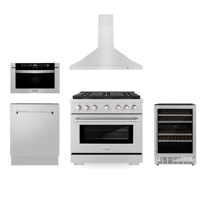 ZLINE 36 in. Kitchen Package with Stainless Steel Gas Range, Range Hood, Microwave Drawer, Tall Tub Dishwasher and Wine Cooler (5KP-SGRRH36-MWDWV-RWV)