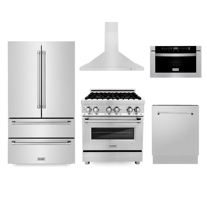 ZLINE Kitchen Package with 36 in. French Door Refrigerator, 30 in. Stainless Steel Dual Fuel Range, 30 in. Convertible Vent Range Hood, 24 in. Microwave Drawer, and 24 in. Tall Tub Dishwasher (5KPR-RARH30-MWDWV)