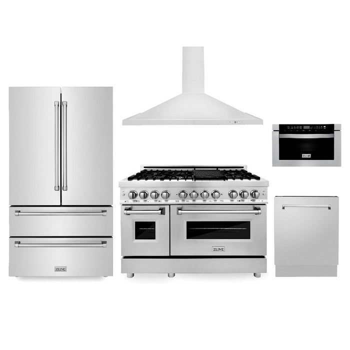 ZLINE Kitchen Package with Refrigeration, 48 in. Stainless Steel Dual Fuel Range, 48 in. Convertible Vent Range Hood, 24 in. Microwave Drawer, and 24 in. Tall Tub Dishwasher (5KPR-RARH48-MWDWV)