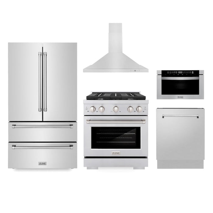 ZLINE Kitchen Package with Refrigeration, 30 in. Stainless Steel Gas Range, 30 in. Range Hood, Microwave Drawer, and 24 in. Tall Tub Dishwasher (5KPR-SGRRH30-MWDWV)