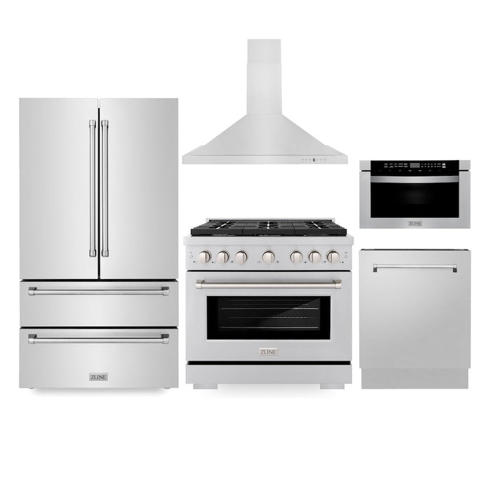 ZLINE Kitchen Package in Stainless Steel with 36 in. Gas Range, 36 in. Range Hood, 36 in. Refrigerator, 24 in. Microwave Drawer, and 24 in. Tall Tub Dishwasher (5KPR-SGRRH36-MWDWV)