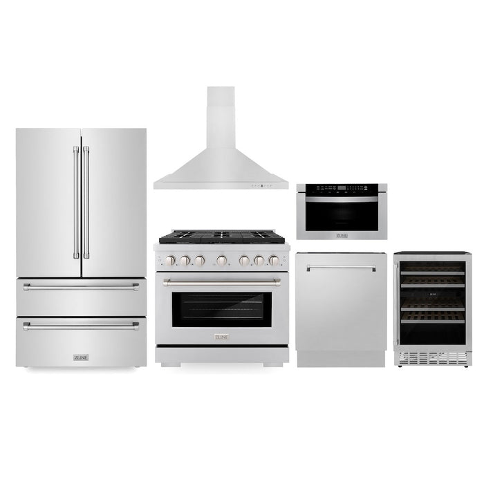 ZLINE Kitchen Package with Refrigeration, 36 in. Stainless Steel Gas Range, 36 in. Range Hood, Microwave Drawer, 24 in. Tall Tub Dishwasher and Wine Cooler (6KPR-SGRRH36-MWDWV-RWV)