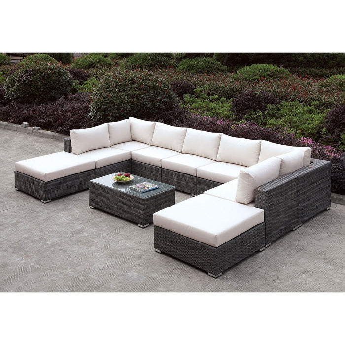 Somani Light Gray Wicker/Ivory Cushion U-Sectional + Coffee Table