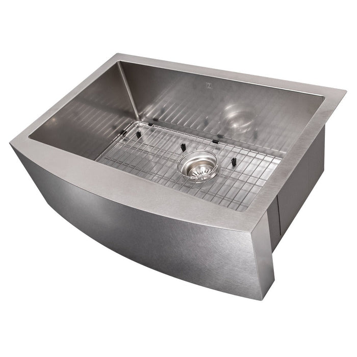 ZLINE Zermatt 30 in. Farmhouse Apron Mount Single Bowl Scratch Resistant Stainless Steel Kitchen Sink with Bottom Grid (SAS-30S)