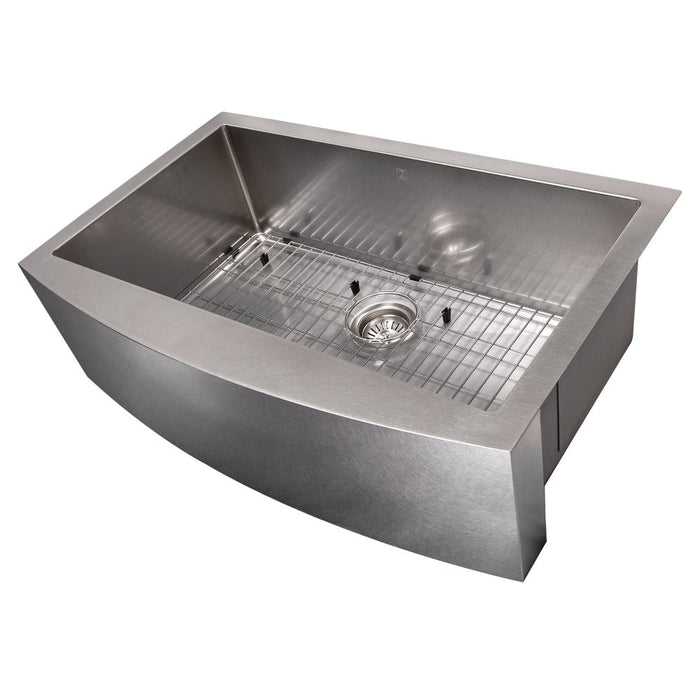 ZLINE Zermatt 30 in. Farmhouse Apron Mount Single Bowl Scratch Resistant Stainless Steel Kitchen Sink with Bottom Grid (SAS-30S)