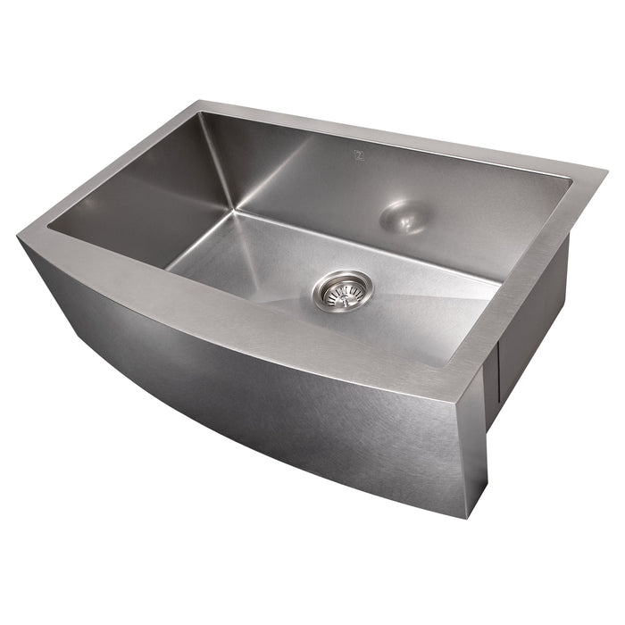 ZLINE Zermatt 30 in. Farmhouse Apron Mount Single Bowl Scratch Resistant Stainless Steel Kitchen Sink with Bottom Grid (SAS-30S)