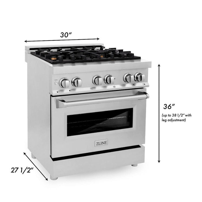 ZLINE 30 in. 4.0 cu. ft. Legacy Dual Fuel Range with Gas Cooktop and Electric Convection Oven in Stainless Steel with 4 Brass Burners (RA-BR-30)