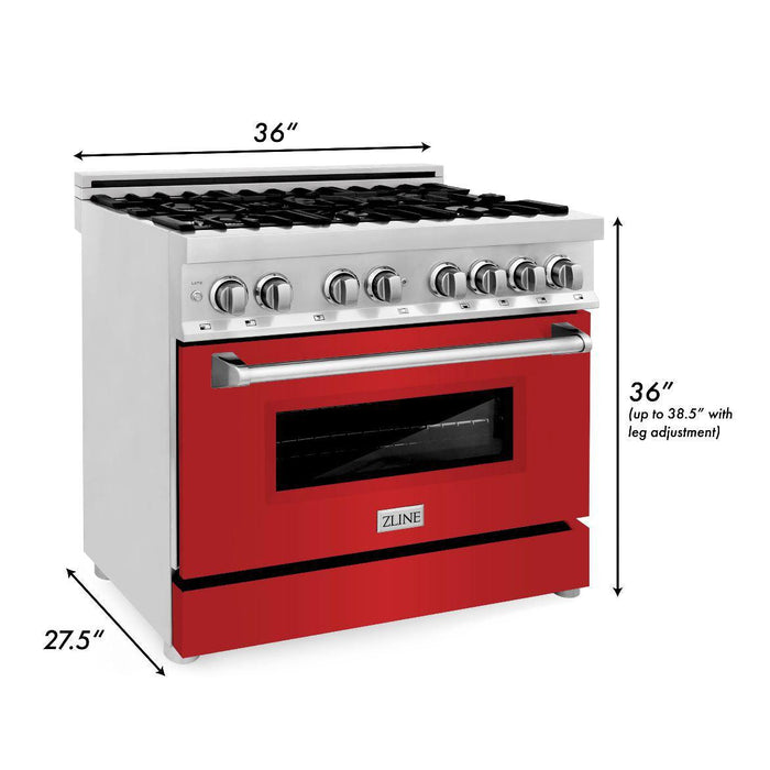 ZLINE 36 in. 4.6 cu. ft. Legacy Dual Fuel Range with 6 Burner Gas Cooktop and Electric Convection Oven in Stainless Steel and Red Matte Door (RA-RM-36)