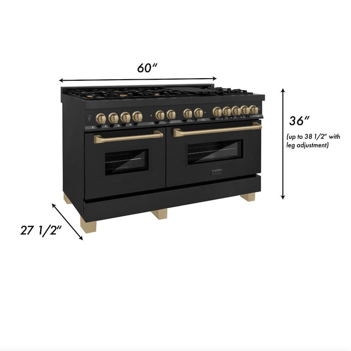 ZLINE Autograph Edition 60 in. 7.4 cu. ft. Legacy Dual Fuel Range with 9 Burner Gas Cooktop and 2 Electric Convection Ovens in Black Stainless Steel and Champagne Bronze Accents (RABZ-60-CB)