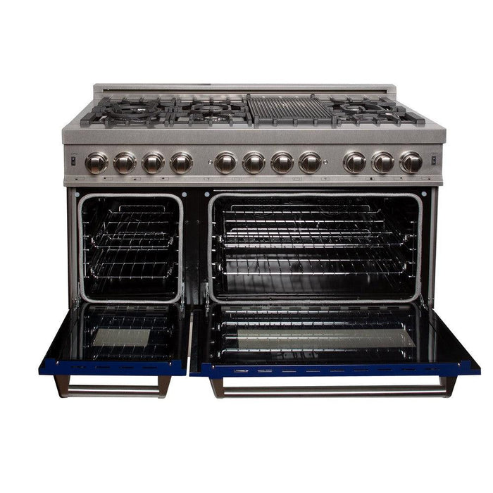 ZLINE 48 in. 6.0 cu. ft. Legacy Dual Fuel Range with 7 Burner Gas Cooktop and 2 Electric Ovens in DuraSnow® Stainless Steel and Blue Gloss Doors (RAS-BG-48)