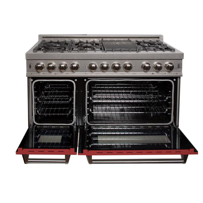 ZLINE 48 in. 6.0 cu. ft. Legacy Dual Fuel Range with 7 Burner Gas Cooktop and 2 Electric Ovens in DuraSnow® Stainless Steel and Red Matte Doors (RAS-RM-48)