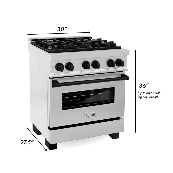 ZLINE Autograph Edition 30 in. 4.0 cu. ft. Legacy Dual Fuel Range with 4 Burner Gas Cooktop and Electric Convection Oven in DuraSnow® Stainless Steel and Matte Black Accents (RASZ-SN-30-MB)