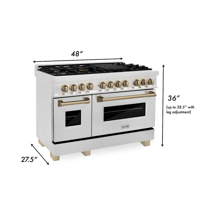 ZLINE Autograph Edition 48 in. 6.0 cu. ft. Legacy Dual Fuel Range with 7 Burner Gas Cooktop and 2 Electric Ovens in DuraSnow® Stainless Steel and Champagne Bronze Accents (RASZ-SN-48-CB)